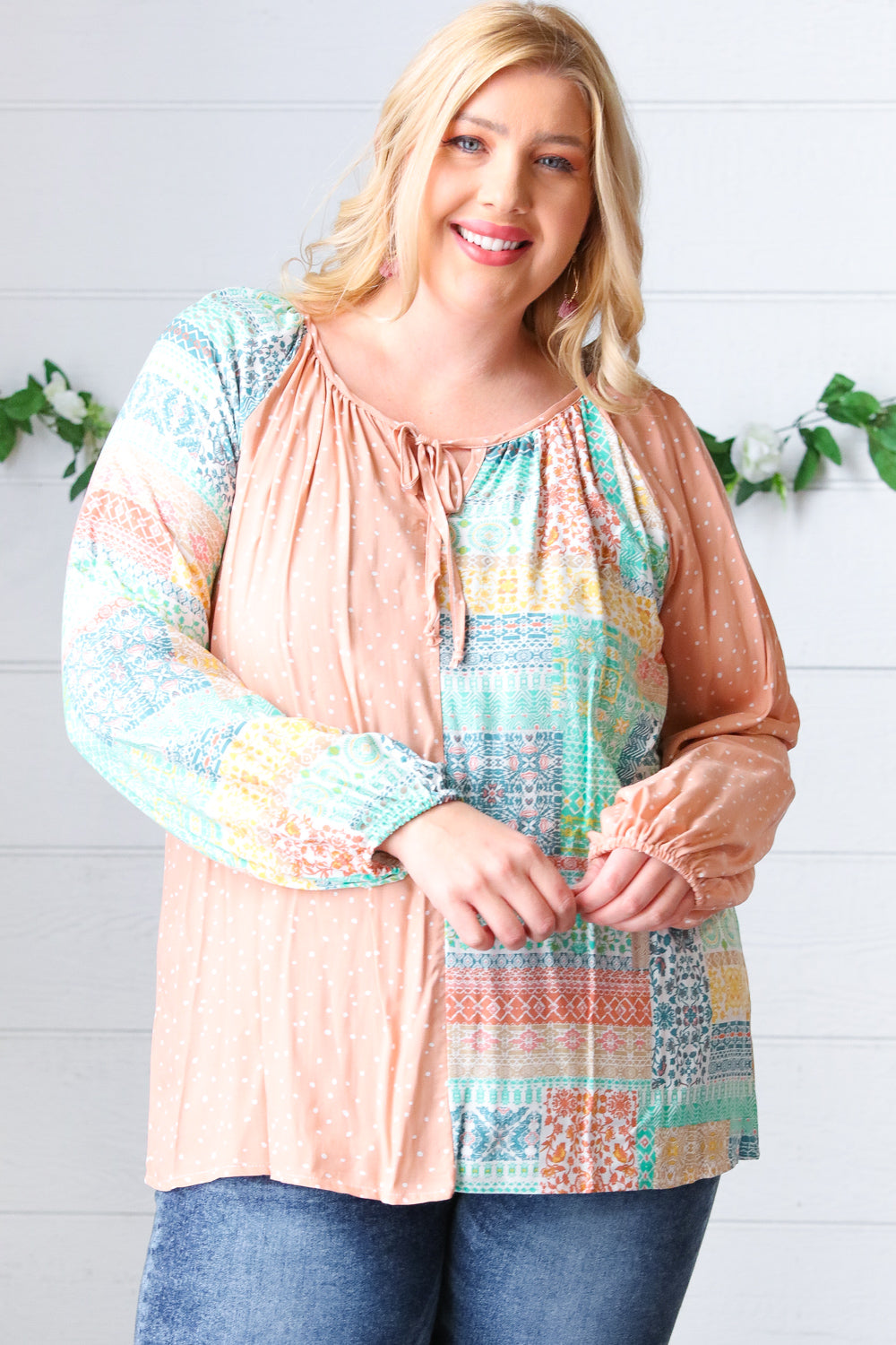 Peach & Mint Floral Color Block Raglan Peasant Top