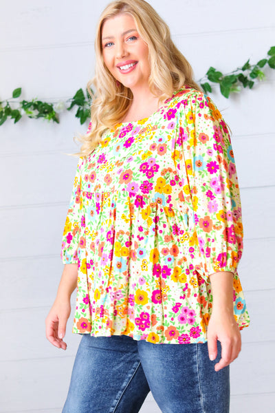 Daffodil Square Neck Peplum Floral Challis Woven Top