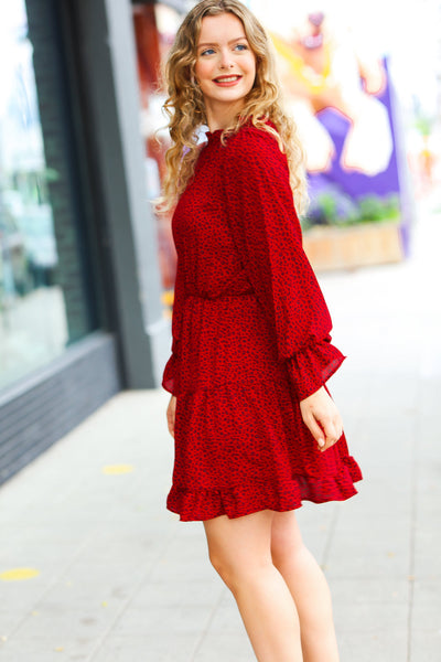 Simply Merry Burnt Red Animal Print Mock Neck Tiered Dress