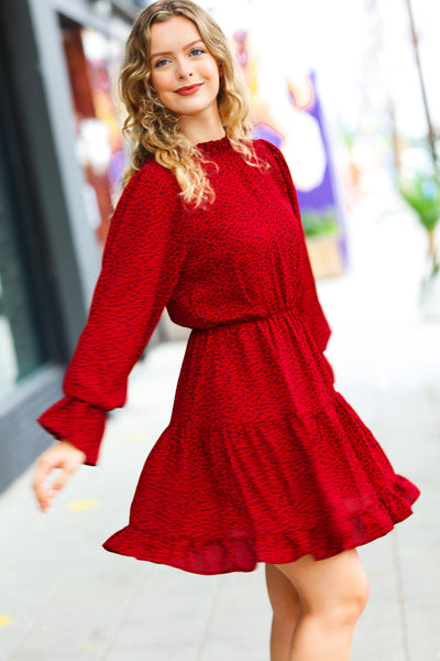 Simply Merry Burnt Red Animal Print Mock Neck Tiered Dress