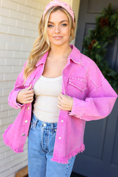 Diva Dreams Pink Acid Wash Stud Detail Denim Jacket