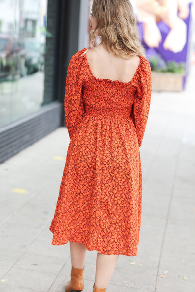 Keep You Close Rust Smocking Ditsy Floral Woven Dress