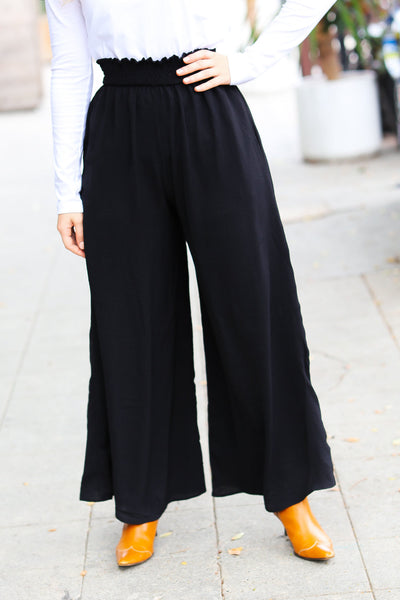 Relaxed Fun Black Smocked Waist Palazzo Pants