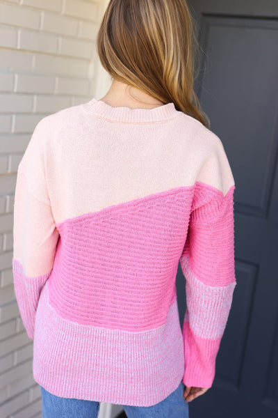 Make You Smile Pink Diagonal Color Block Sweater