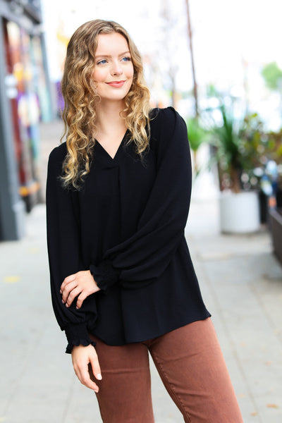 Feeling Bold Black Banded V Neck Smocked Top