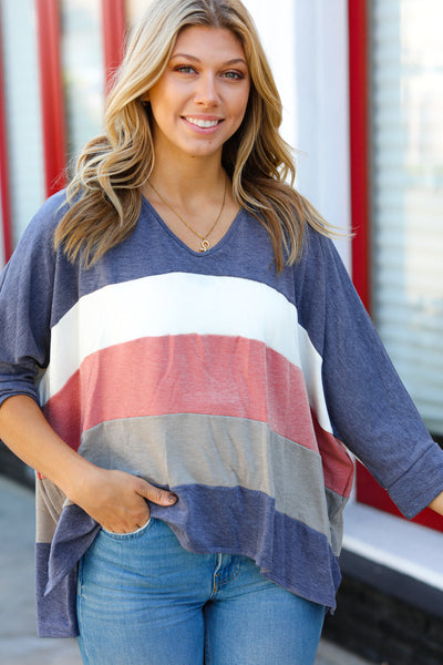 Weekend Ready Navy Color Block Dolman French Terry V Neck Top