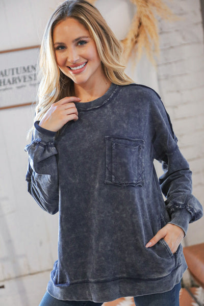 Blackberry Acid Wash Cotton Pullover with Side Pockets