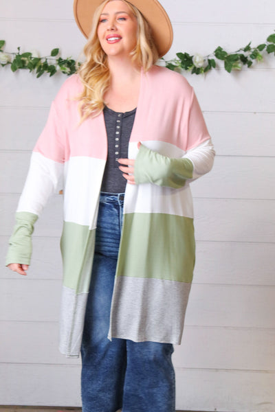 Sage Wide Stripe Terry Color Block Open Cardigan