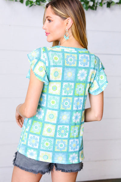 Green & Blue Flower Print Flutter Sleeve Top