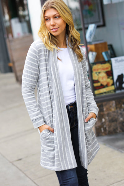 Taking It Easy Grey Striped Hacci Open Cardigan