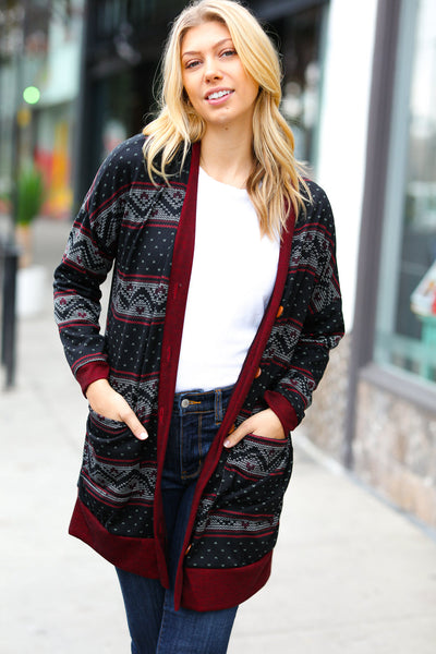 All Class Burgundy Holiday Print Button Cardigan