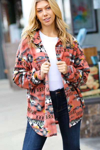 Trendy Rust Aztec Print Button Down Brushed Shacket