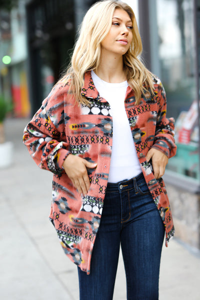 Trendy Rust Aztec Print Button Down Brushed Shacket