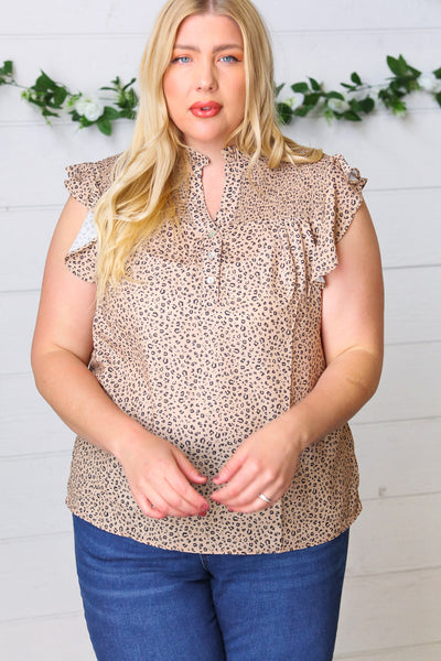 Taupe Animal Print Smocked Button Down Top