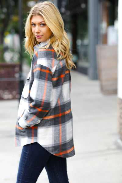 Charcoal & Rust Plaid Flannel Button Down Oversized Jacket