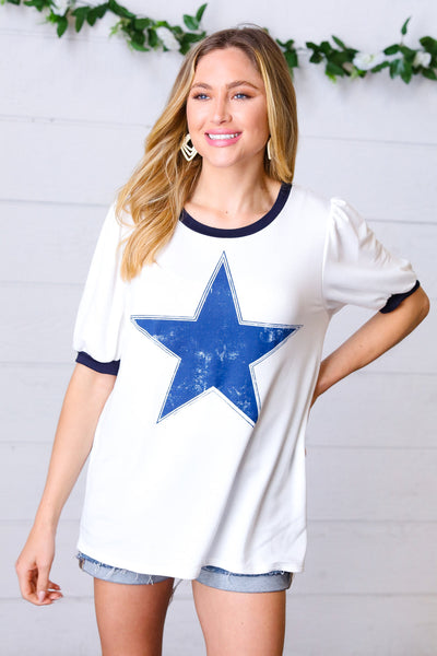 Off White Distressed Star Terry Puff Short Sleeve Top