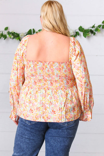 Peach/Teal Floral Square Neck Smocked Challis Blouse