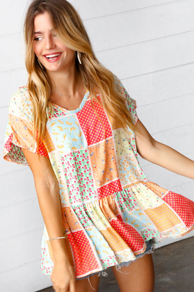 Coral & Peach Boho Patchwork Babydoll Woven Top