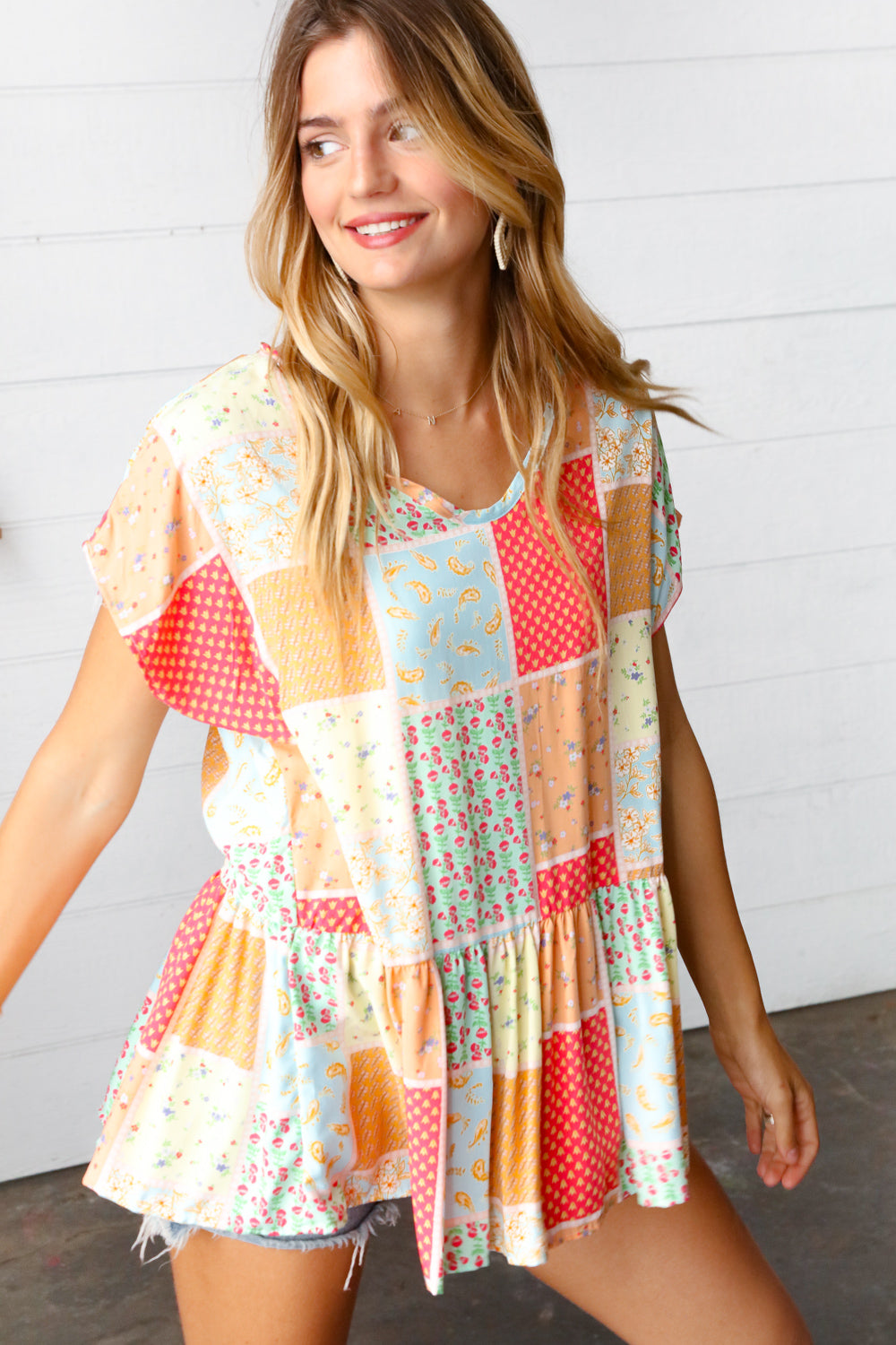 Coral & Peach Boho Patchwork Babydoll Woven Top