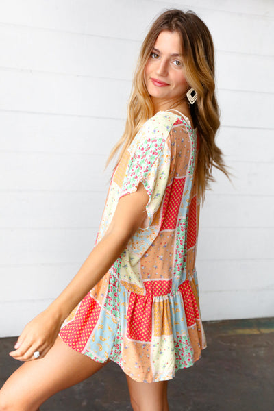 Coral & Peach Boho Patchwork Babydoll Woven Top