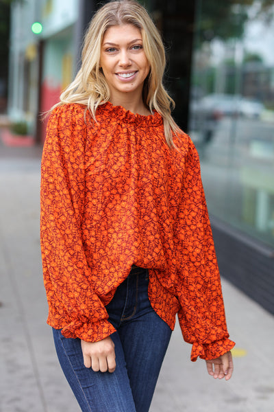 Thinking Of You Rust Ditzy Floral Frill Neck Top