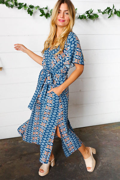 Navy Boho Print Surplice Sash Belt Midi Dress