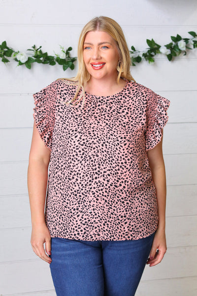 Blush Leopard Print Smoked Ruffle Button Keyhole Blouse