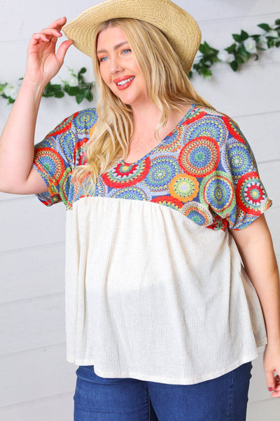 Kaleidoscope Print Babydoll Yoke Top