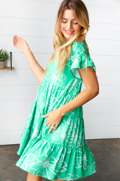 Emerald Green Floral Dolman Sleeve Babydoll Dress