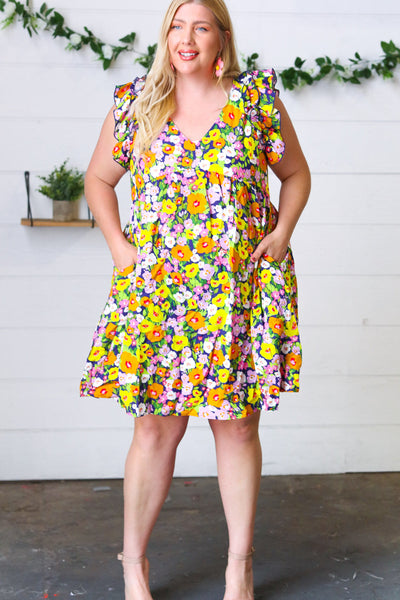 Indigo & Lemon Floral Babydoll Ruffle Dress