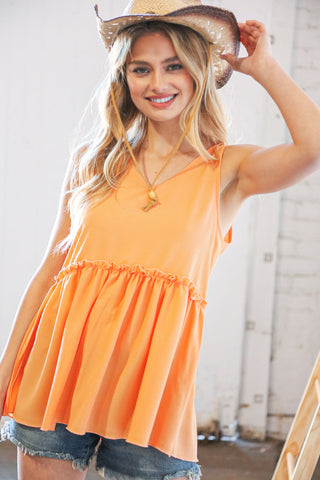 Peach V Neck Sleeveless Ruffle Frill Tunic