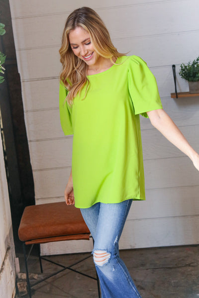 Neon Green Round Neck Puff Sleeve Crepe Top