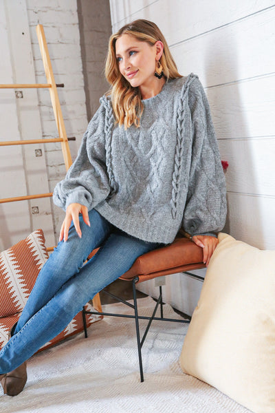 Grey Raglan Cable Knit Bubble Sleeve Sweater