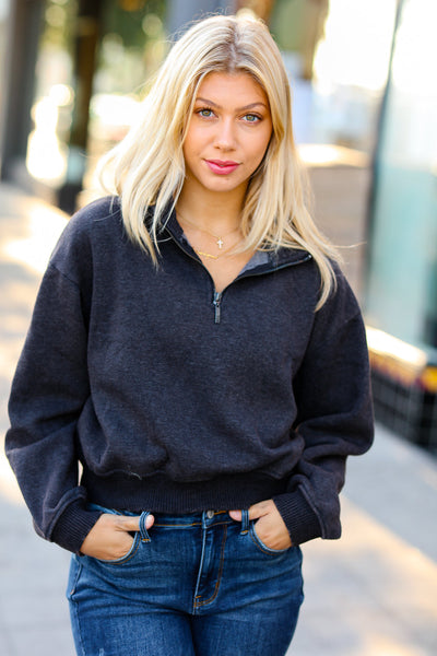 Dark Grey Half Zip Cropped Pullover Sweater