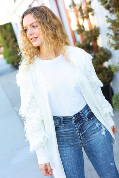 Make Your Day Ivory Fringe Detail Open Cardigan