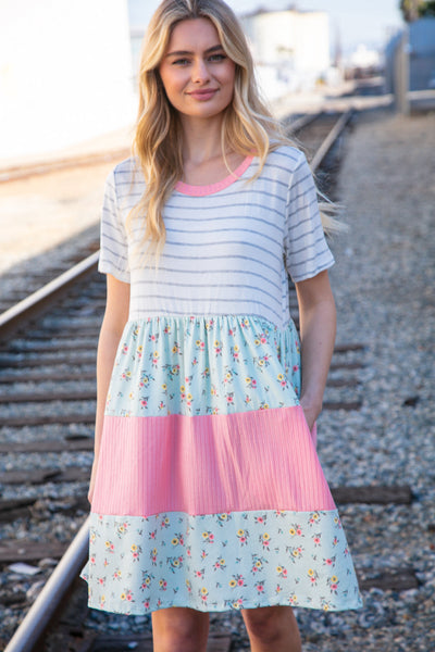 Floral and Stripe Color Block Fit and Flare Rib Dress