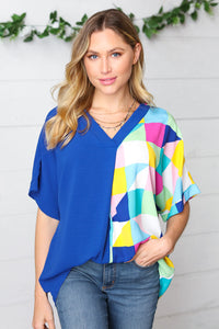 Royal Blue Multicolor Geometric Color Block Dolman Top