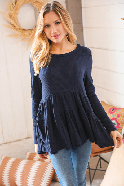 Navy Hacci Ribbed Tiered Babydoll Top