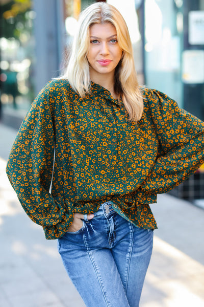 Sweet But Sassy Hunter Green Ditzy Floral Frill Neck Top