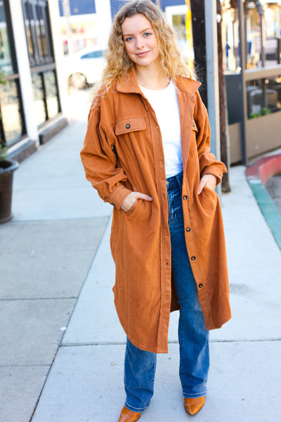 On Your Terms Camel Fleece Button Down Duster Jacket