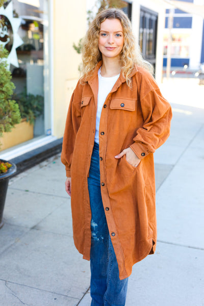 On Your Terms Camel Fleece Button Down Duster Jacket