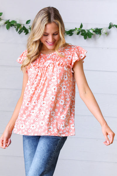 Peach Floral Print Frilled Short Sleeve Yoke Top