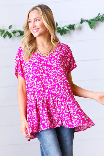 Fuchsia Floral Babydoll Woven Challis Top