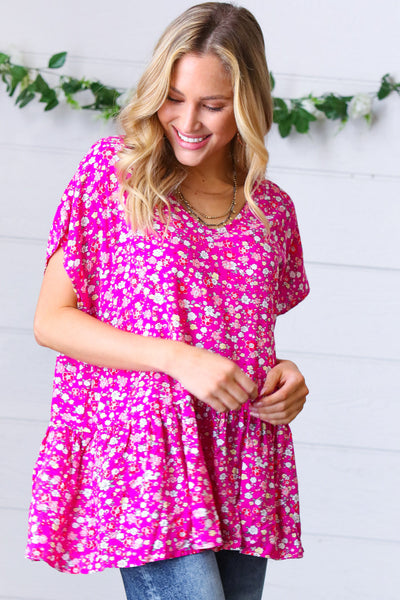 Fuchsia Floral Babydoll Woven Challis Top