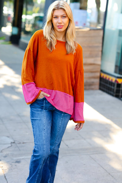 Loud Love Fuchsia & Rust Color Block Hacci Top