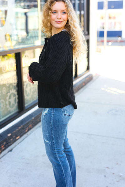 Better Than Ever Black Loose Knit Henley Button Sweater