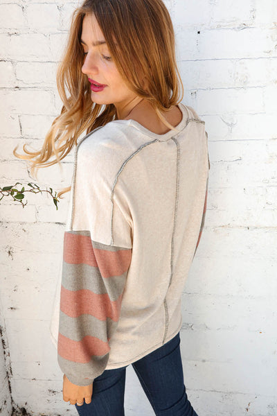 Hacci Two Tone Stripe Over Lock Stitching Sweater