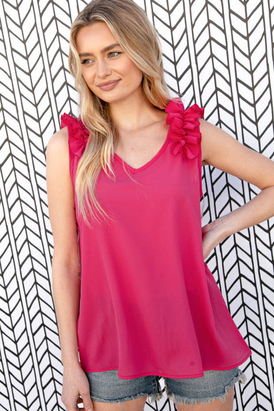 Fuchsia Frill Shoulder Sleeveless Crepe Woven Top