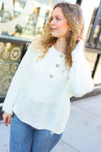 Better Than Ever Ivory Loose Knit Henley Button Sweater