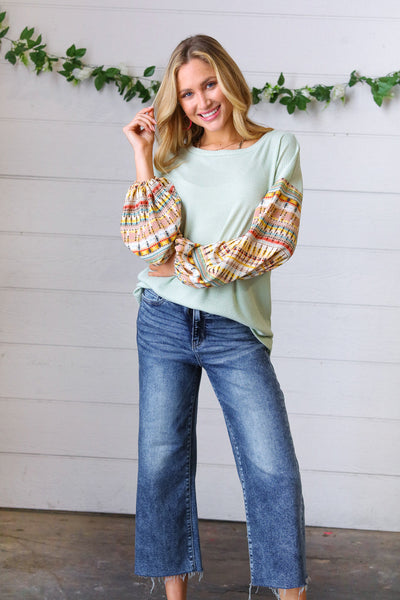 Sage Boho Print Challis Drop Sleeve Top